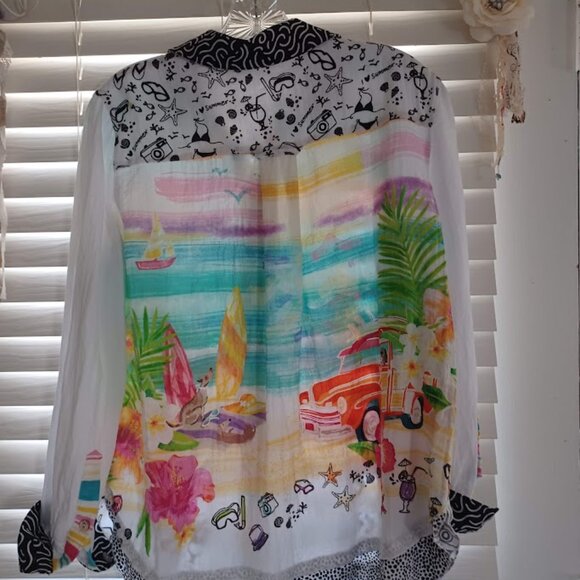 John Mark White/Colorful BEACH DOGS Button-Front Tunic Blouse Size M - Picture 7 of 8